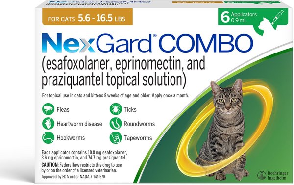Show full view: NexGard COMBO Topical for Cats, 5.6-16.5 lbs. (Yellow Box), 6 Doses (6-mos. supply) slide 1 of 11