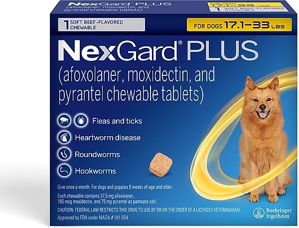 NexGard PLUS Chew for Dogs, 17.1-33 lbs. (Gold Box)