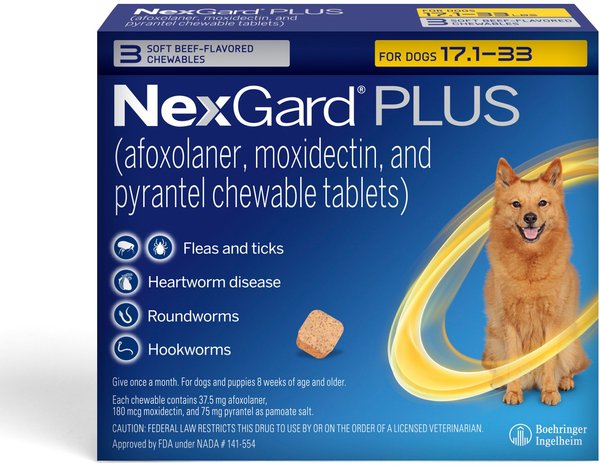 Show full view: NexGard PLUS Chewables for Dogs, 17.1-33 lbs. (Gold Box) 3 Chewable Tablets (3-mos. supply) slide 1 of 11