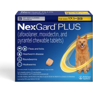 NexGard PLUS Chewables for Dogs, 17.1-33 lbs. (Gold Box) 3 Chewable Tablets (3-mos. supply)