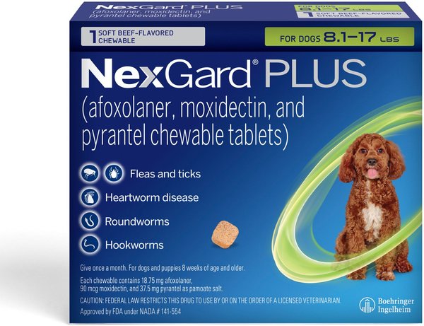 NexGard PLUS Chew for Dogs, 8.1-17 lbs. (Green Box)