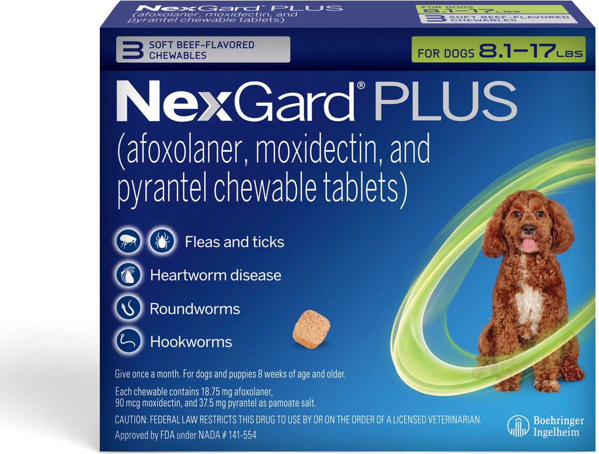 NexGard PLUS Chew for Dogs, 8.1-17 lbs. (Green Box)