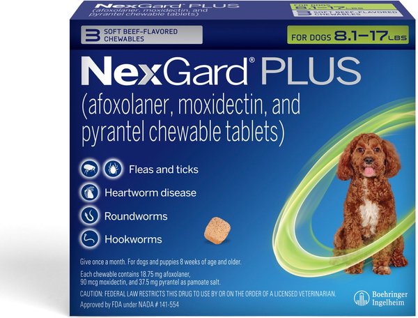 NexGard PLUS Chew for Dogs, 8.1-17 lbs. (Green Box)