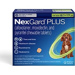 NexGard PLUS Chewables for Dogs, 8.1-17 lbs. (Green Box) 6 Chewable Tablets (6-mos. supply)