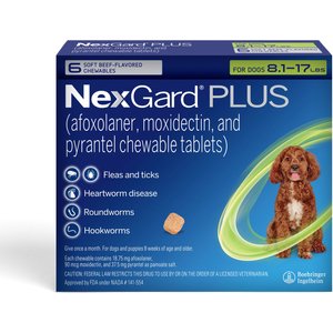 NexGard PLUS Chewables for Dogs, 8.1-17 lbs. (Green Box) 6 Chewable Tablets (6-mos. supply)