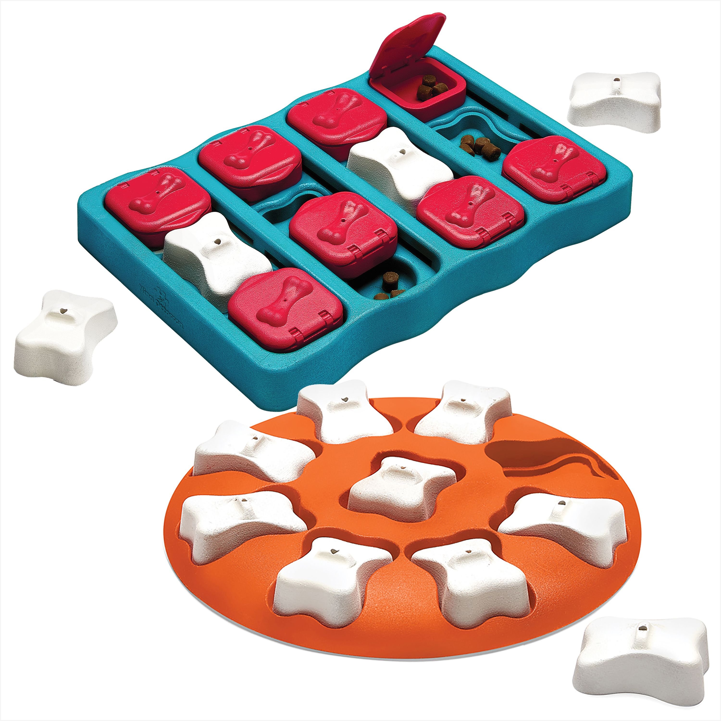 Nina Ottosson Puppy Beginner Smart Enrichment Game Interactive Puzzle Treat Dog Toy & Outward Hound by Nina Ottosson Brick Level 2 Puzzle Game Dog Toy, Blue & Red