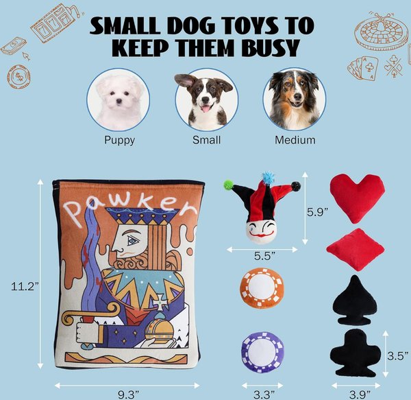 Nocciola 8-in-1 Poker Hands Set Variety Pack with Crinkle Pawker Pouch Plush Squeaky Interactive Dog Toy, 7 count