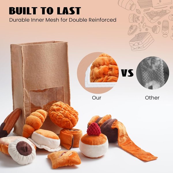 Nocciola Bread with Takeout Bag Plush Interactive Squeaky with Crinkle Paper Dog Toy, 10 count