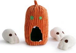 Nocciola Burroween Puzzle Spooky Pumpkin with Squeaky Skulls Dog Toy, 4 count