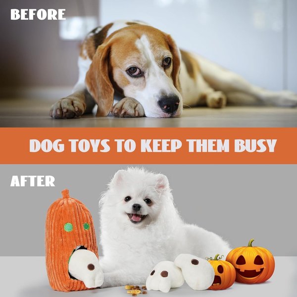 Nocciola Burroween Puzzle Spooky Pumpkin with Squeaky Skulls Dog Toy