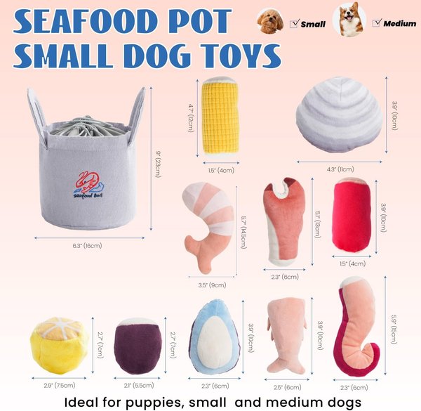 Nocciola Plush Squeaky Seafood Boil with Pot Dog Toy with Crinkle Paper, 10 count
