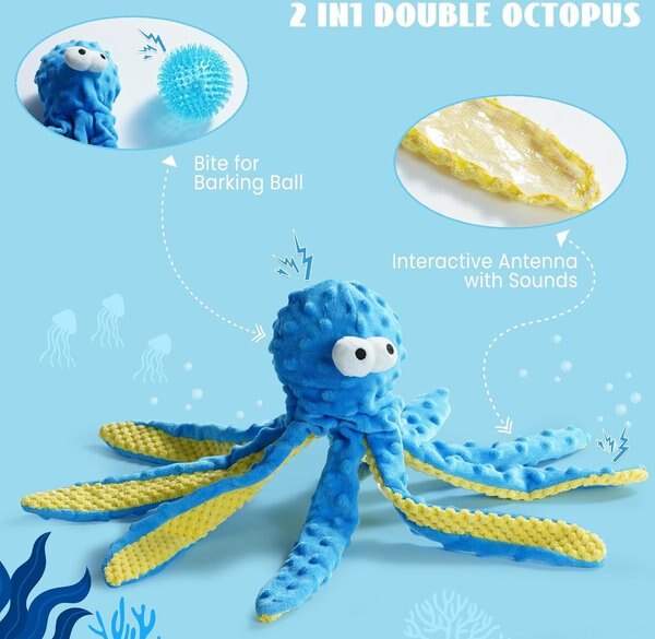 Nocciola Sea Creatures Octopus Shark Crab Mussel Variety Pack Crinkle Squeaky Dog Toy, 4 count