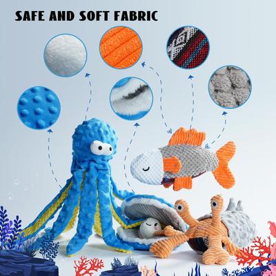 Show full view: Nocciola Sea Creatures Octopus Shark Crab Mussel Variety Pack Crinkle Squeaky Dog Toy, 4 count slide 3 of 9