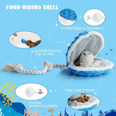 Show full view: Nocciola Sea Creatures Octopus Shark Crab Mussel Variety Pack Crinkle Squeaky Dog Toy, 4 count slide 4 of 9