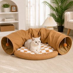 NonoPets 2-in-1 Cozy Play & Sleep Hideaway Cat Tunnel Bed with Plush Cushion, Brown