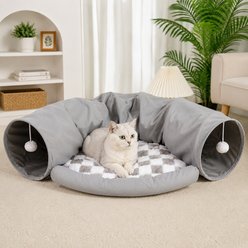 NonoPets 2-in-1 Cozy Play & Sleep Hideaway Cat Tunnel Bed with Plush Cushion, Grey