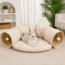 NonoPets 2-in-1 Cozy Play & Sleep Hideaway Cat Tunnel Bed with Plush Cushion, Yellow