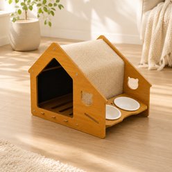 NonoPets 2-in-1 Wooden Cat House with Feeding Station with Scratch Roof & Food Bowls