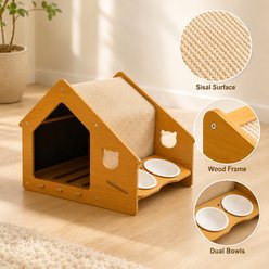 NonoPets 2-in-1 Wooden Cat House with Feeding Station with Scratch Roof & Food Bowls slide 2 of 9