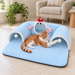 NonoPets 3-in-1 Durable Polyester Cooling Bed Cat, Rabbit & Hamster Tunnel & Play Mat with Blanket, Blue, Large