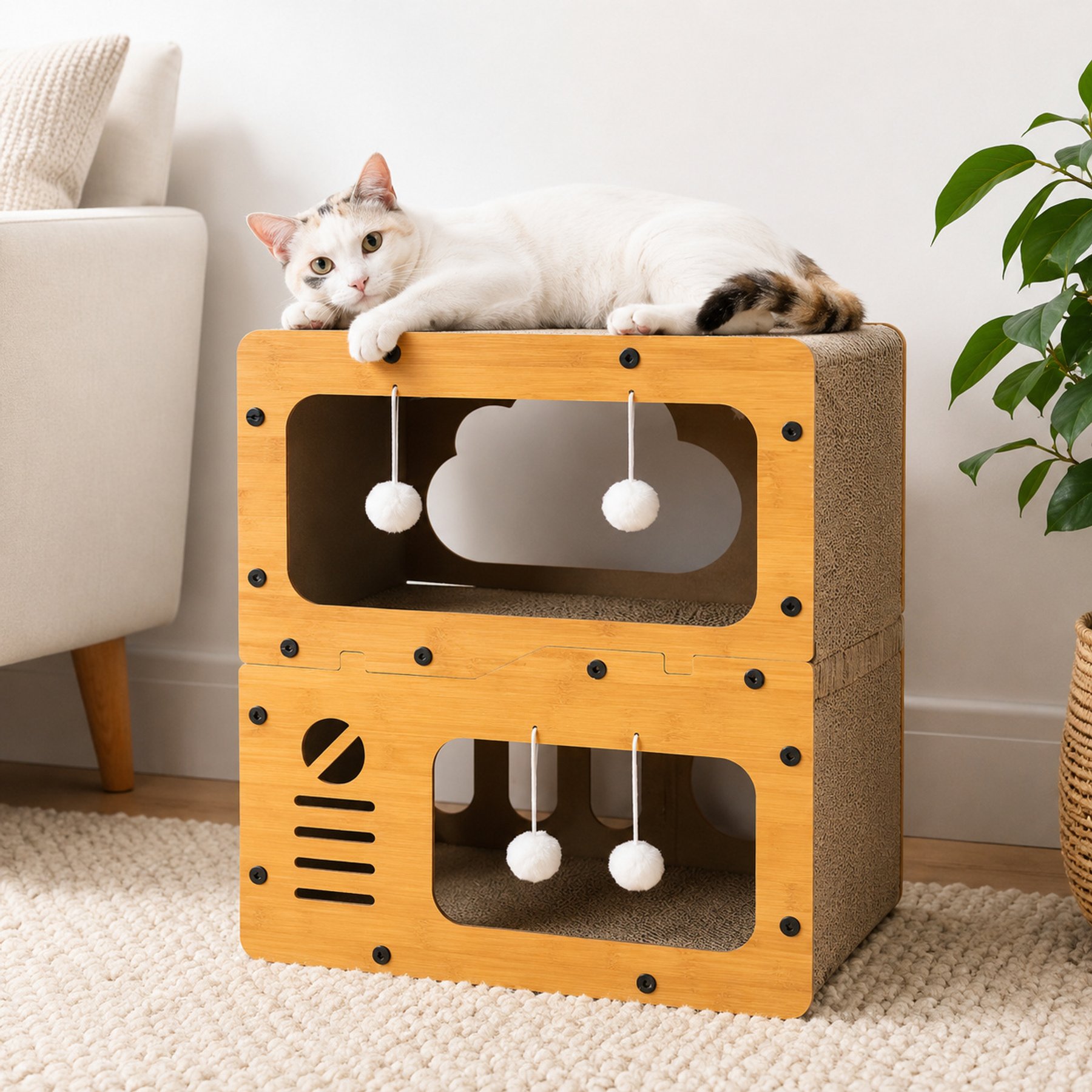 NonoPets 3 Tier Wooden Scratching Condo Indoor Furniture Board Interactive Play Hideout Novelty Covered Cat House
