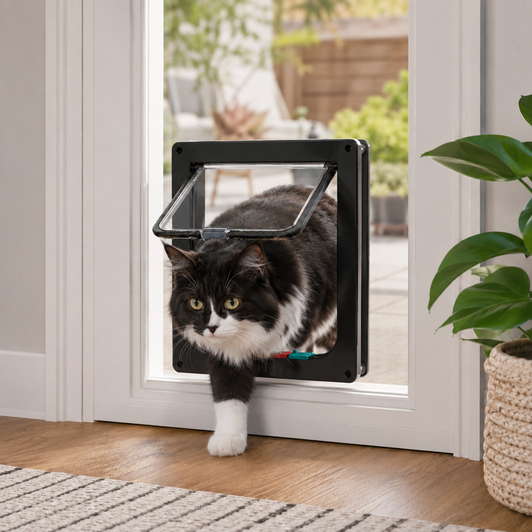 NonoPets 4-Way Locking Weatherproof Interior & Exterior Durable Plastic Frame Walk Through Dog & Cat Flap Door with Magnetic Close & Brush Strip Seal, Black, Large