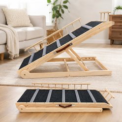 NonoPets Adjustable & Foldable Solid Wood Dog Ramp with Non-Slip Carpet & Guardrails