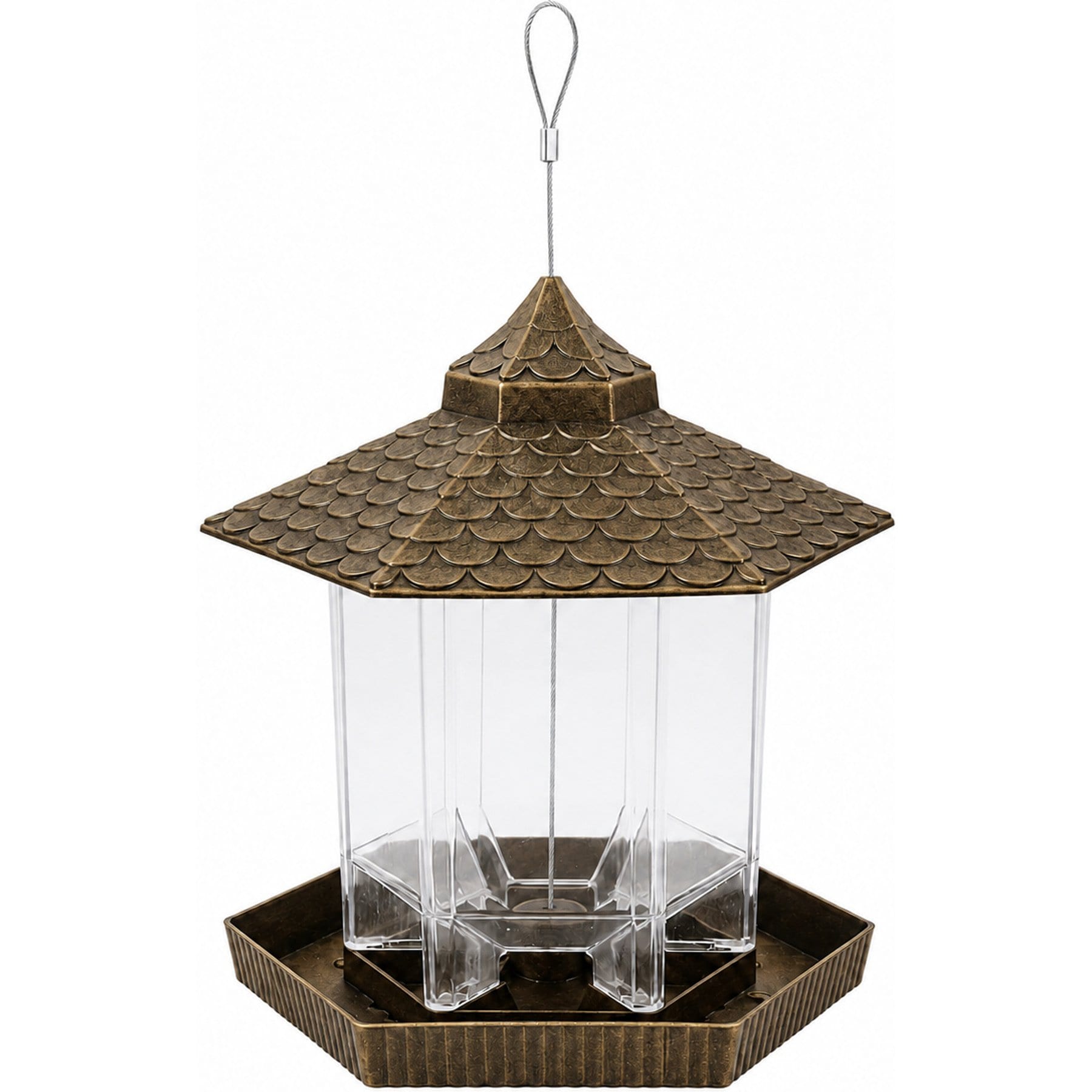 NonoPets Clear Seed Reservoir, Weather Shield Roof, Automatic Feeding Tray & Durable Cable Hexagonal Hanging Plastic Wild Bird Feeder, 2.6-lb, Antique Gold