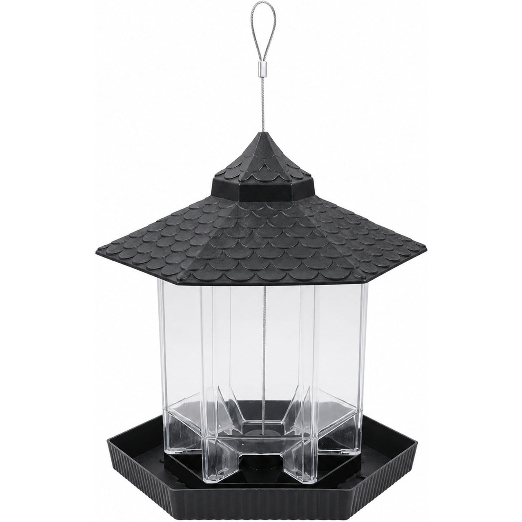 NonoPets Clear Seed Reservoir, Weather Shield Roof, Automatic Feeding Tray & Durable Cable Hexagonal Hanging Plastic Wild Bird Feeder, 2.6-lb, Black