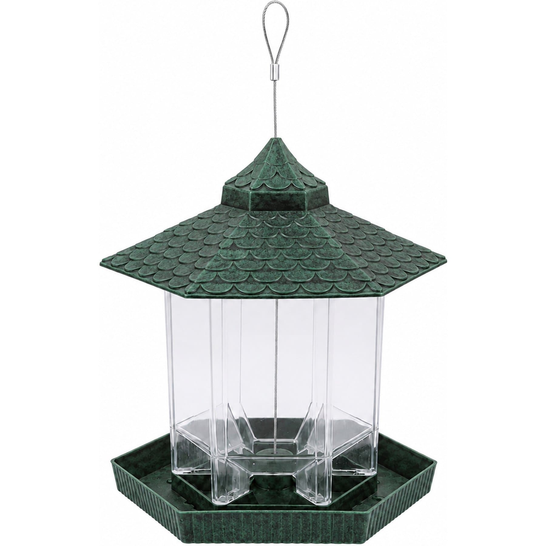 NonoPets Clear Seed Reservoir, Weather Shield Roof, Automatic Feeding Tray & Durable Cable Hexagonal Hanging Plastic Wild Bird Feeder, 2.6-lb, Green