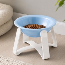 NonoPets Dishwasher Safe Neck Friendly Removable Microwavable Lead Free Elevated Ceramic Dog & Cat Bowl with Iron Stand, 0.67-cup, Blue