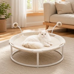 NonoPets Elevated Orthopedic Mesh Round Lounger Cat Hammock Bed with Integrated Play Pom-Poms, Beige