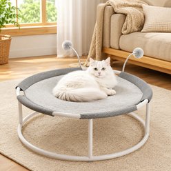 NonoPets Elevated Orthopedic Mesh Round Lounger Cat Hammock Bed with Integrated Play Pom-Poms, Grey