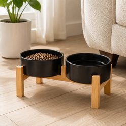 NonoPets Elevated Raised Double Microwavable Lead Free Dishwasher Safe Ceramic Dog & Cat Bowls with Bamboo Stand, 6.8-cup, Black