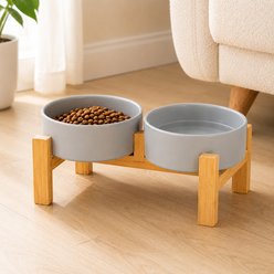 NonoPets Elevated Raised Double Microwavable Lead Free Dishwasher Safe Ceramic Dog & Cat Bowls with Bamboo Stand, 6.8-cup, Grey