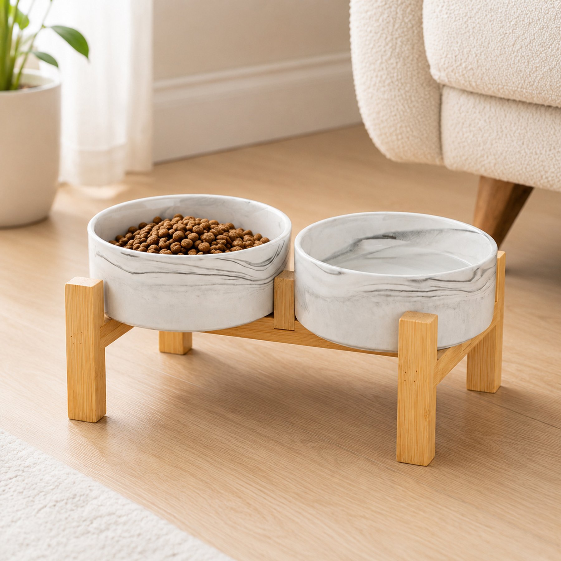 NonoPets Elevated Raised Double Microwavable Lead Free Dishwasher Safe Ceramic Dog & Cat Bowls with Bamboo Stand, 6.8-cup, Marble Grey