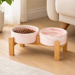 NonoPets Elevated Raised Double Microwavable Lead Free Dishwasher Safe Ceramic Dog & Cat Bowls with Bamboo Stand, 6.8-cup, Marble Pink Grey