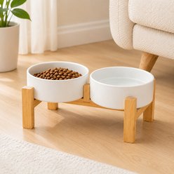 NonoPets Elevated Raised Double Microwavable Lead Free Dishwasher Safe Ceramic Dog & Cat Bowls with Bamboo Stand, 6.8-cup, White