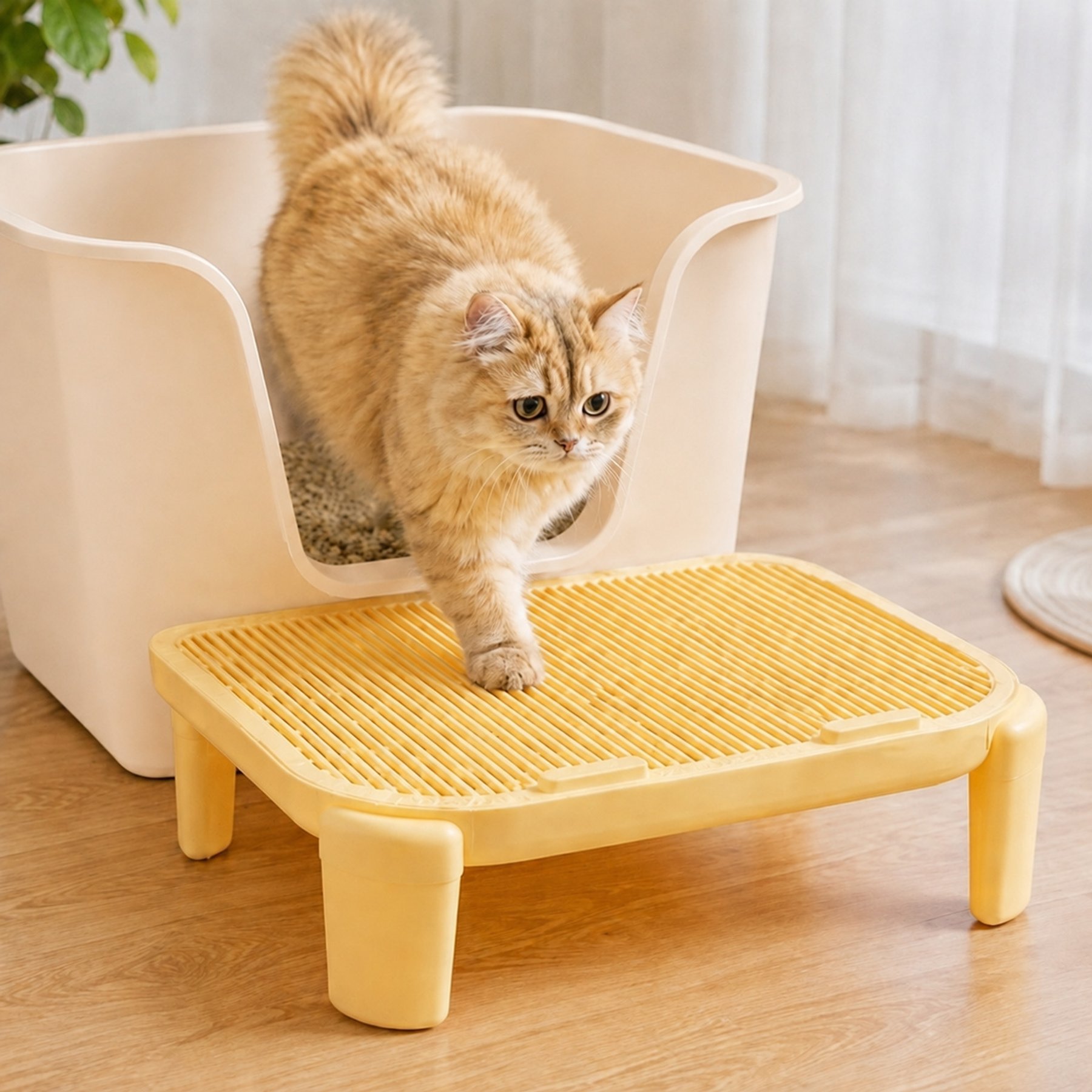 NonoPets Elevated Step Platform Anti-Tracking Double-Layer Cat Litter Mat, Beige, 19.69 x 15.94 x 5.91-in