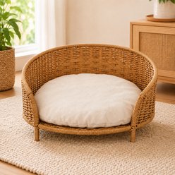 NonoPets Elevated Wicker Sofa Breathable Handwoven Rattan with 2 Reversible Cushions & Washable Mat Couch Chew Resistant Bolster Dog & Cat Bed, 18.7 x 18.7 x 9.8-in