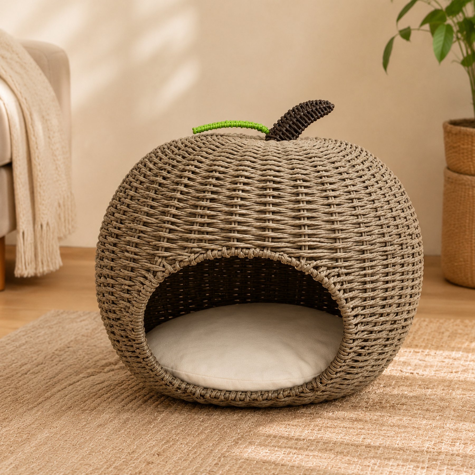 NonoPets EliteFeline Woven Rattan Scratcher Lounge & Interactive Toy Oval Chew Resistant Bolster Cat Bed, 19.7 x 19.7 x 16.9-in, Khaki