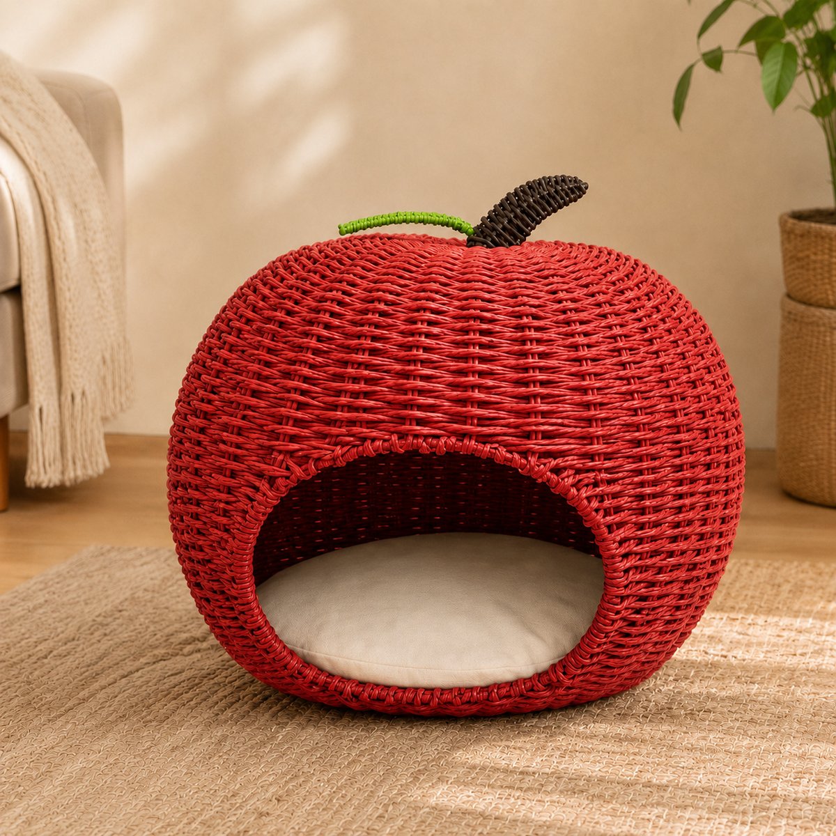 NonoPets EliteFeline Woven Rattan Scratcher Lounge & Interactive Toy Oval Chew Resistant Bolster Cat Bed, 19.7 x 19.7 x 16.9-in, Red