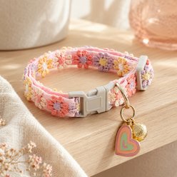 NonoPets Embroidered Floral Heart Dog & Cat Collar with Safety Buckle & Bell, 11.8-in neck, 1/2-in wide