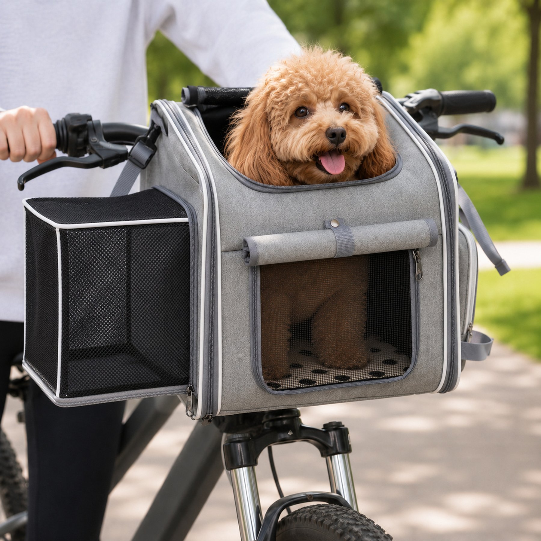 NonoPets Expandable Dog & Cat Bike Basket & Car Seat Carrier, Grey