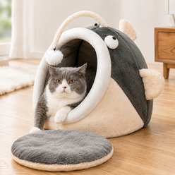 NonoPets Fish-Shaped Covered Cat House Bed, Soft Beige/Brown Pastel, Medium