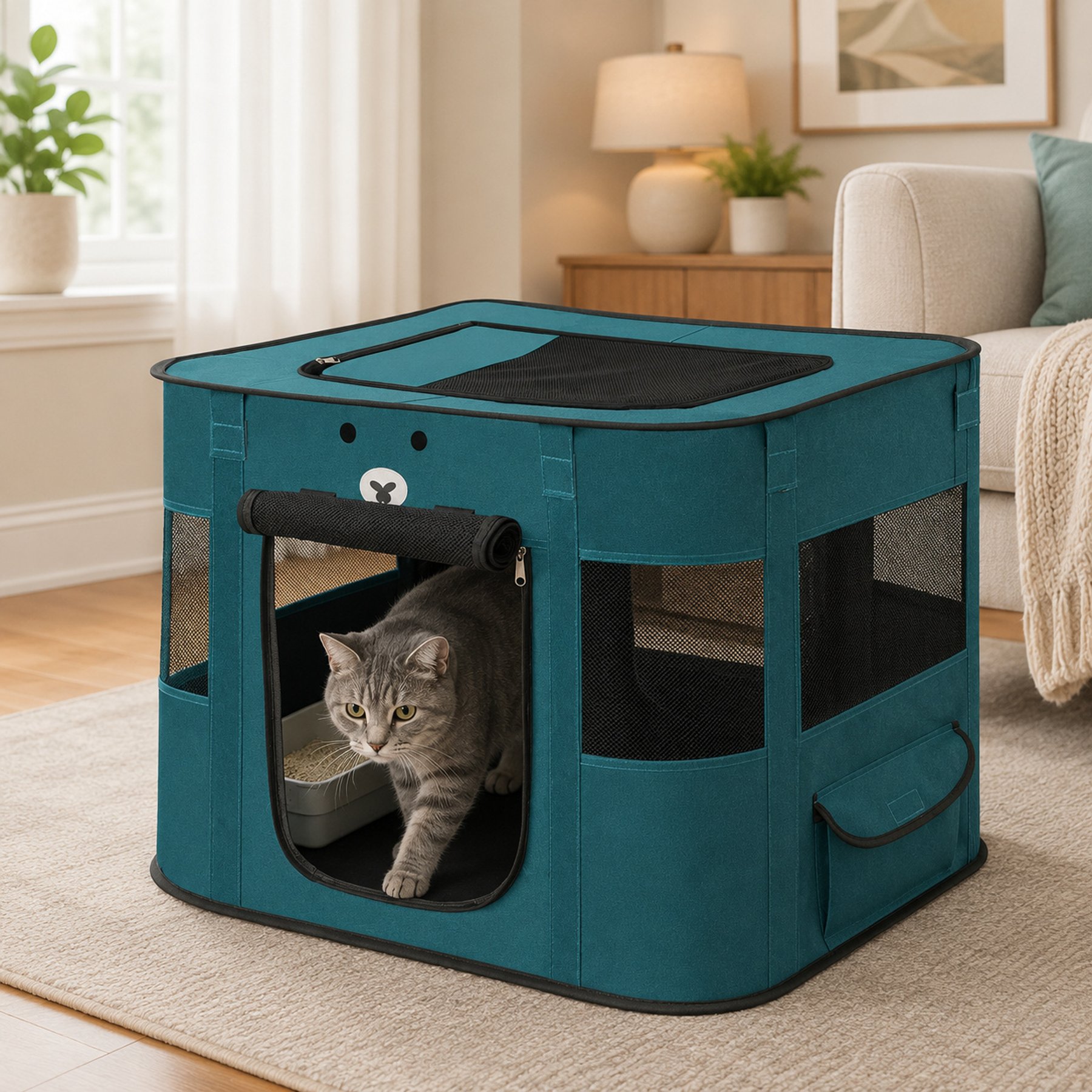 NonoPets Foldable Rectangular Polyester Dog & Cat Playpen with Soft Fabric Walls, Mesh Windows, Zip Top Access & Travel-Ready Storage Design, Green, Small