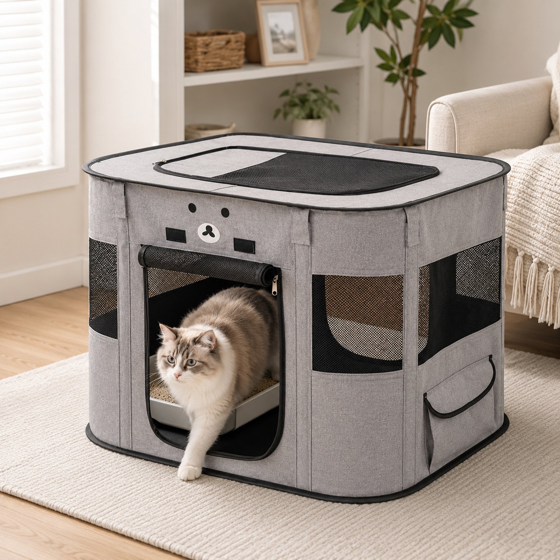 NonoPets Foldable Rectangular Polyester Dog & Cat Playpen with Soft Fabric Walls, Mesh Windows, Zip Top Access & Travel-Ready Storage Design, Grey, Small
