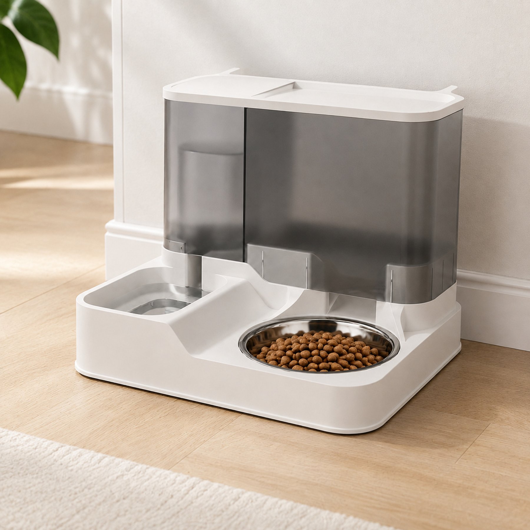 NonoPets Gravity Dispenser Station Elevated Base Dual Serving Areas Easy Refill Automatic & Removable Bowl Plastic Dog & Cat Feeder, Grey