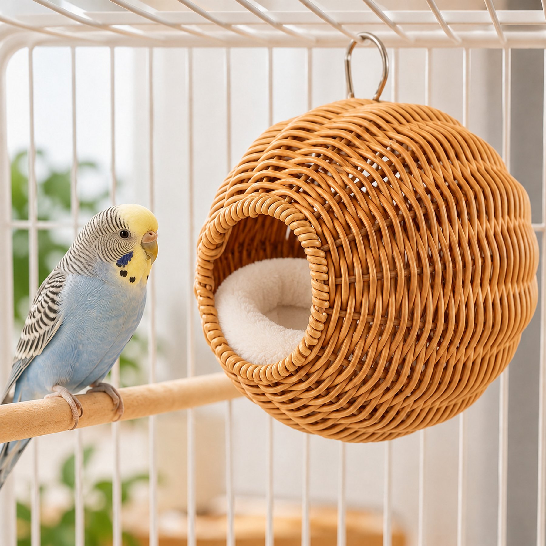 NonoPets Hanging Resin Wicker Durable Hand-Woven Sphere with Internal Metal Frame Bird Nest, White