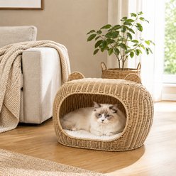 NonoPets Heavy-Duty Enclosed Condo Premium Hand-Woven Rattan Cave Chew Resistant Bolster Cat Bed, 21.7 x 14.2 x 15-in